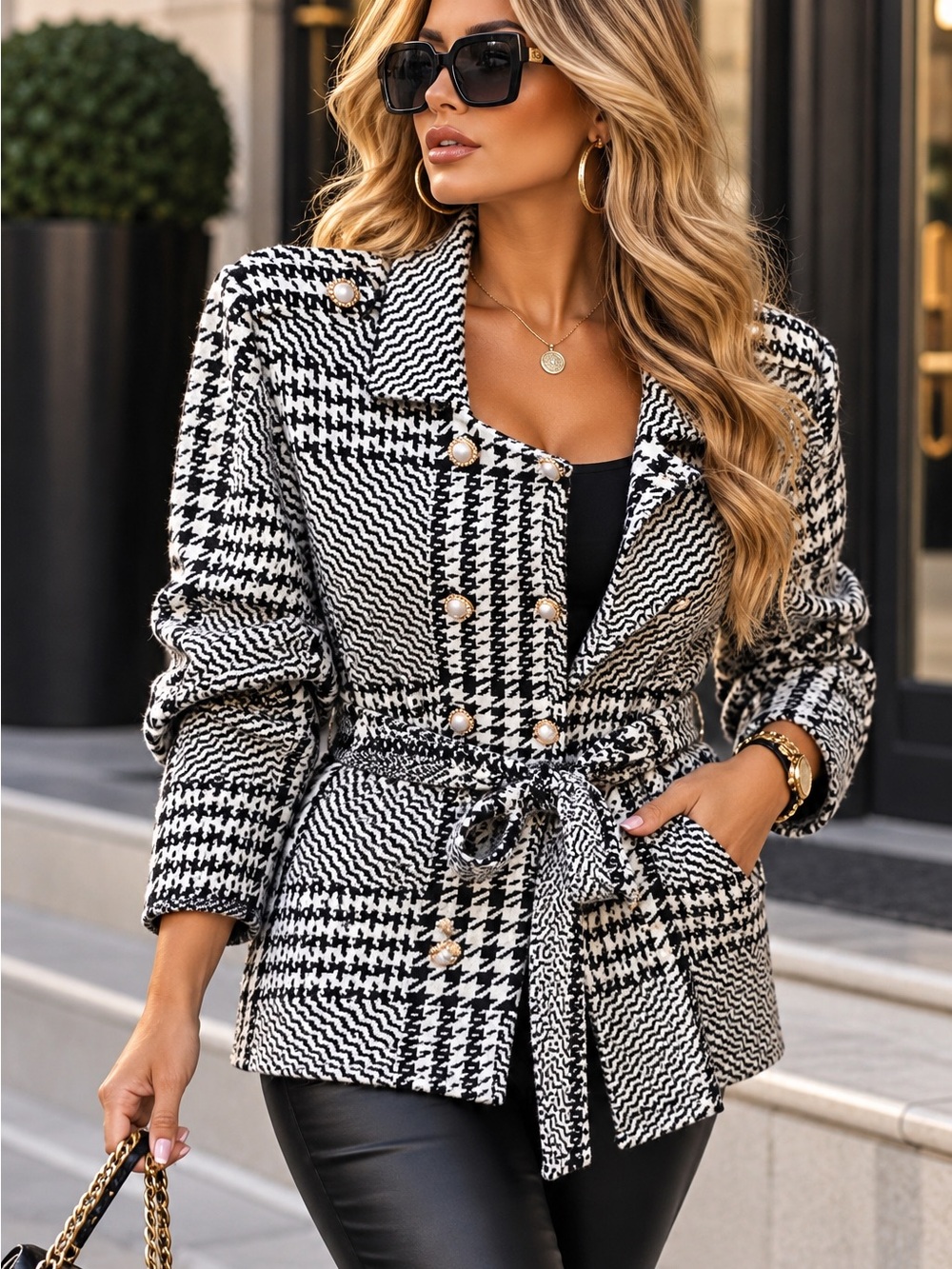 Cato Houndstooth Belted Peplum Jacket - Black & White Gold Pearl